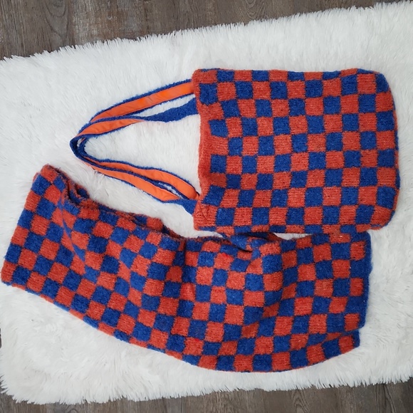 Free People Checkered Tote and Scarf Set Orange and Blue. - Picture 9 of 15